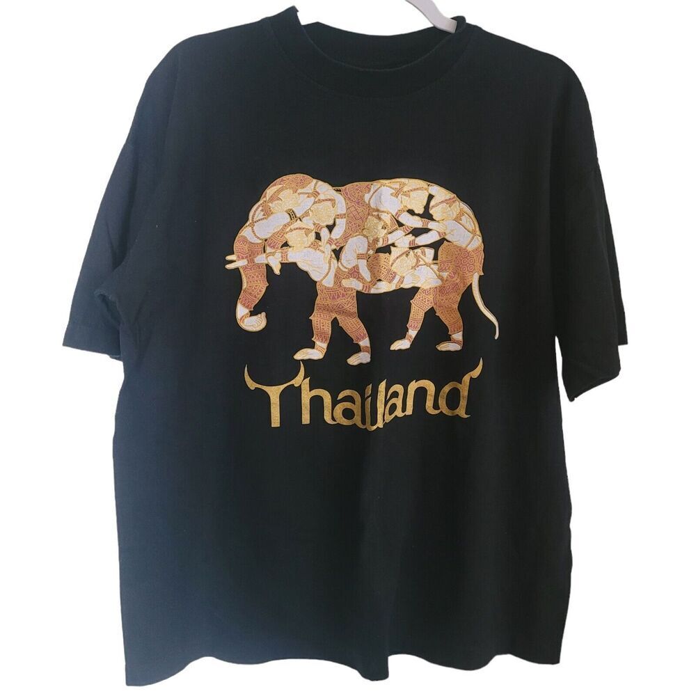 Vintage Thailand Single Stitch Tee Shirt Women's Size XL Black Elephant‎ 90's